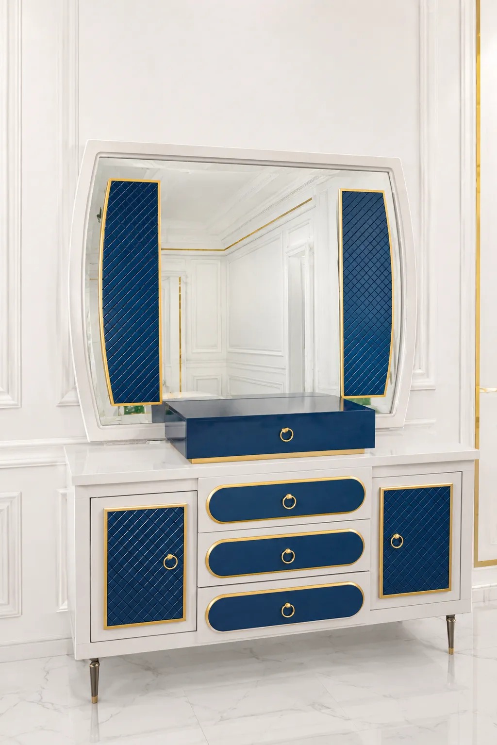 Luxury White & Navy Blue Dressing Table with Designer Mirror – Modern Vanity Table with Storage Luxury white and navy blue dressing table with large designer mirror and storage drawers