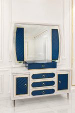 Luxury white and navy blue dressing table with large mirror and storage drawers