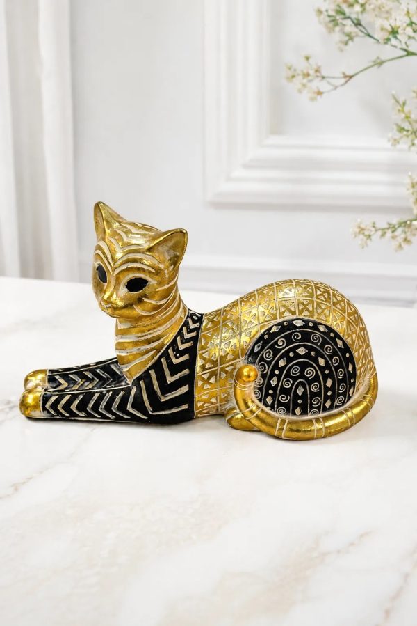 Luxury Egyptian cat statue with gold and black decorative finish