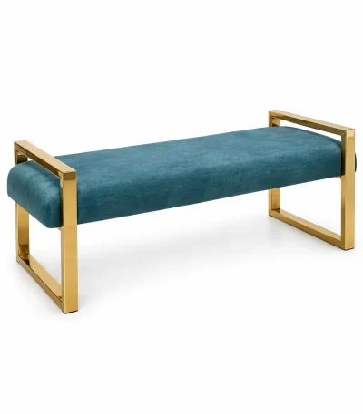 Luxury blue velvet bench with gold metal frame for modern home décor