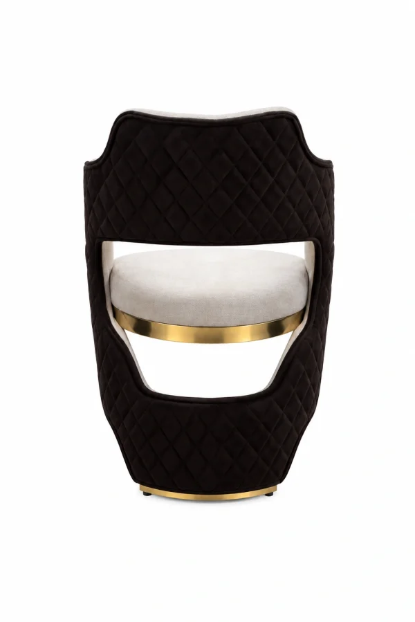 Luxury black quilted accent chair with cream upholstered seat and elegant gold trim