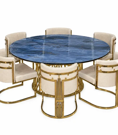 Luxury 6-Seater Dining Table Set | Blue Marble & Gold