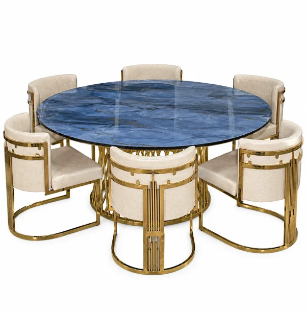 Luxury 6-Seater Dining Table Set | Blue Marble & Gold