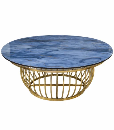 Luxury round coffee table with blue marble-look top and elegant gold metal basket base