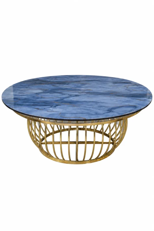 Luxury round coffee table with blue marble-look top and elegant gold metal basket base