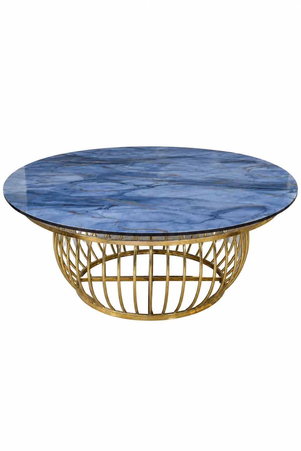 Luxury Blue Marble Coffee Table with Gold Base Luxury round coffee table with blue marble-look top and elegant gold metal basket base
