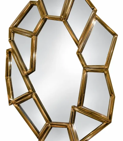 Gold geometric irregular wall mirror with a multi-panel reflective surface and luxurious gold-tone angular frame.