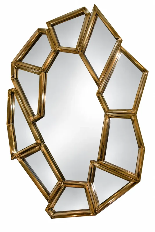 Gold geometric irregular wall mirror with a multi-panel reflective surface and luxurious gold-tone angular frame.