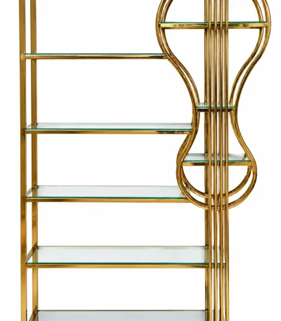 Gold metal glass shelf unit with multiple transparent shelves and elegant curved golden frame for modern luxury home décor.