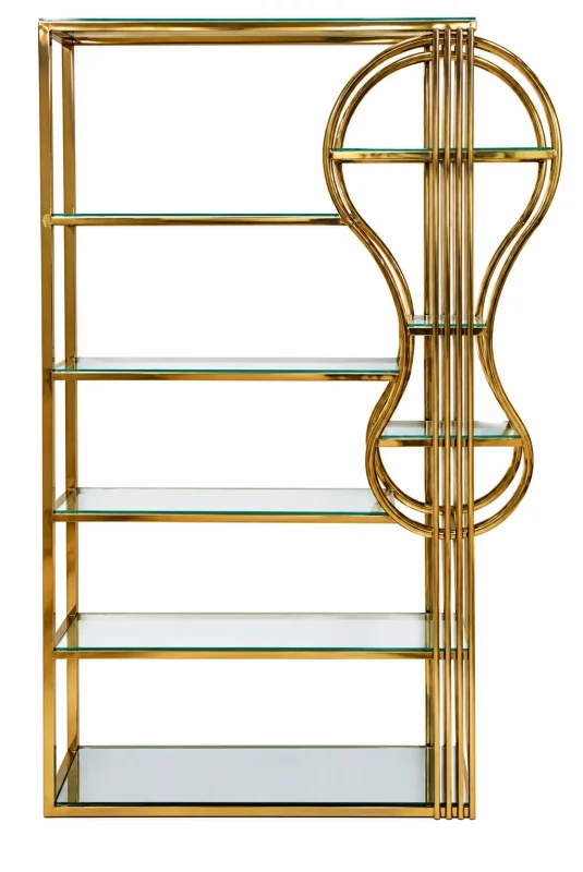 Gold metal glass shelf unit with multiple transparent shelves and elegant curved golden frame for modern luxury home décor.