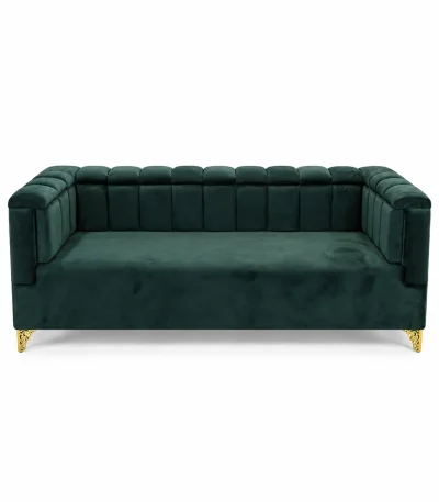 Luxury dark green velvet sofa with channel tufted backrest and elegant gold accent legs
