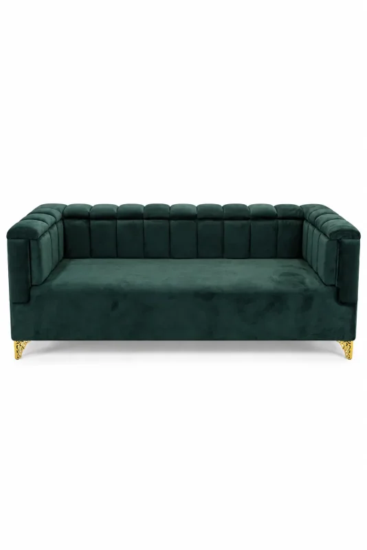 Luxury dark green velvet sofa with channel tufted backrest and elegant gold accent legs