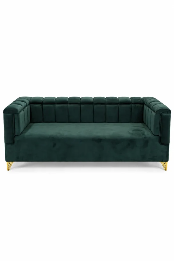 Luxury dark green velvet sofa with channel tufted backrest and elegant gold accent legs