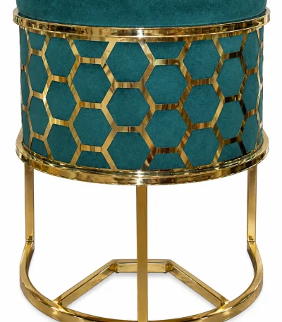 Teal velvet upholstered bar stool with a plush rounded seat and decorative gold-tone geometric lattice metal frame.