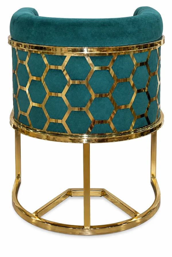 Teal velvet upholstered bar stool with a plush rounded seat and decorative gold-tone geometric lattice metal frame.