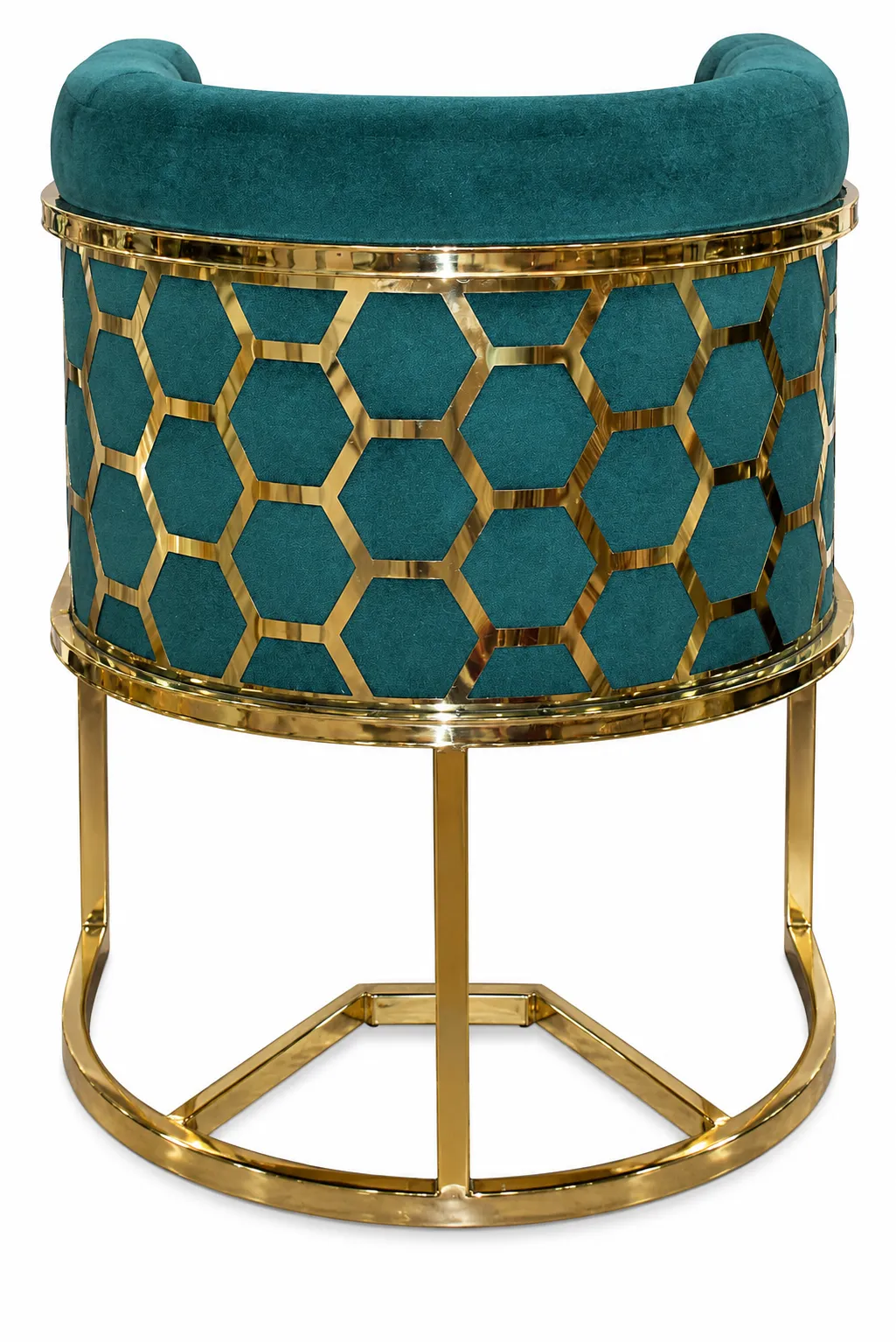 Teal Velvet Bar Stool with Gold Lattice Frame – Luxury Upholstered Counter Stool Teal velvet upholstered bar stool with a plush rounded seat and decorative gold-tone geometric lattice metal frame.