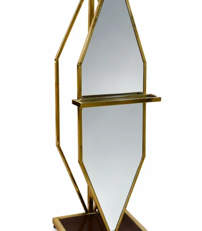 Tall gold geometric floor mirror with an angular metal frame, full-length reflective surface, and modern decorative design.
