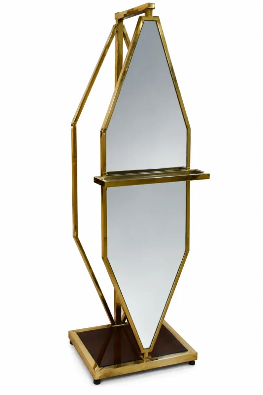 Tall gold geometric floor mirror with an angular metal frame, full-length reflective surface, and modern decorative design.