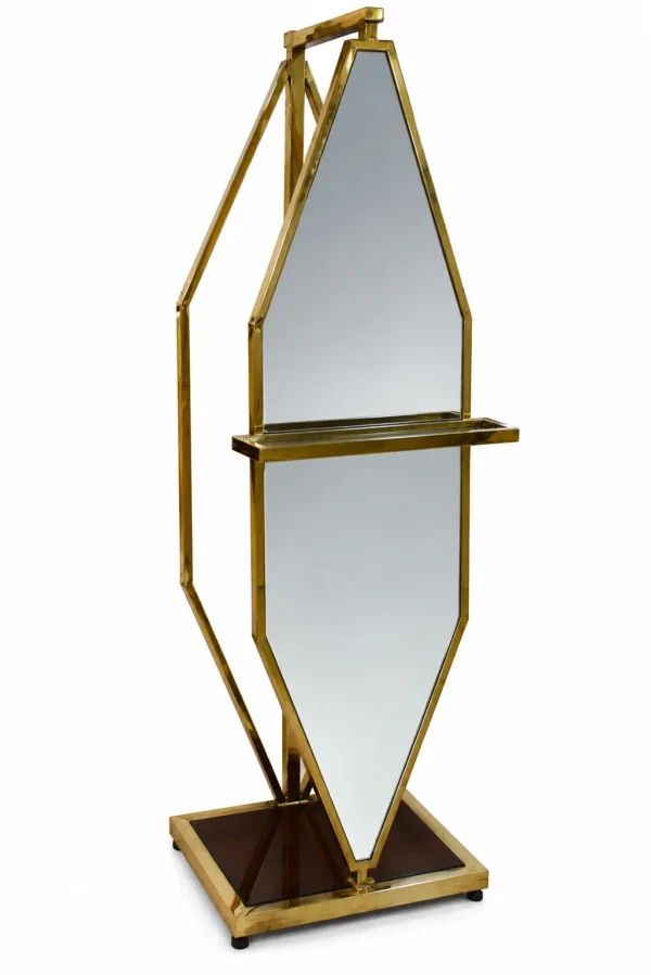 Tall gold geometric floor mirror with an angular metal frame, full-length reflective surface, and modern decorative design.