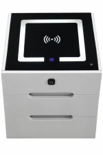Modern white smart storage cabinet with black electronic control panel, wooden interior compartment and multiple front drawers.