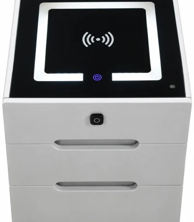 Modern white smart storage cabinet with black electronic control panel, wooden interior compartment and multiple front drawers.