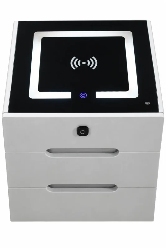Modern white smart storage cabinet with black electronic control panel, wooden interior compartment and multiple front drawers.