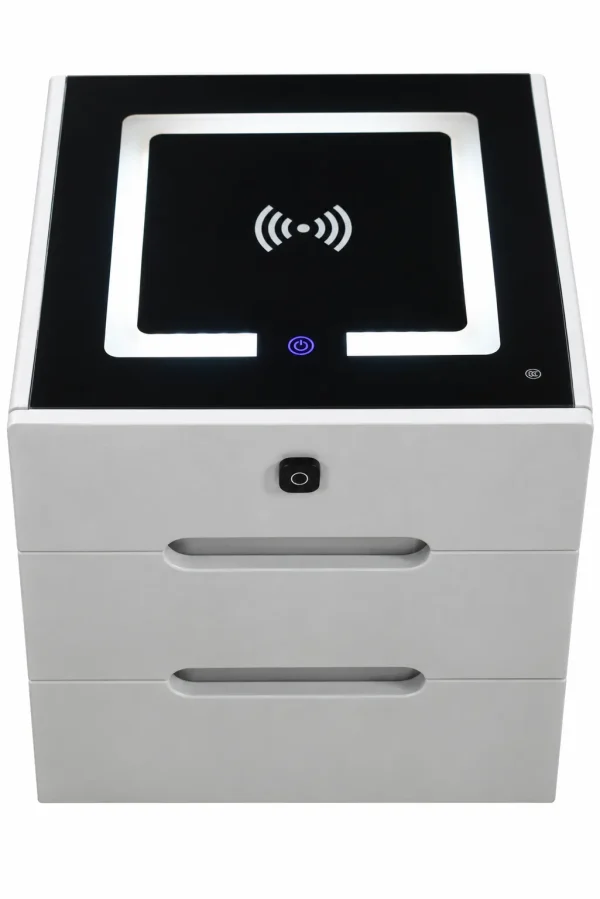 Modern white smart storage cabinet with black electronic control panel, wooden interior compartment and multiple front drawers.