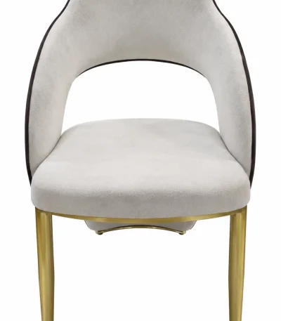 White upholstered dining chair with a curved backrest, cushioned seat, and elegant gold-finish metal legs.