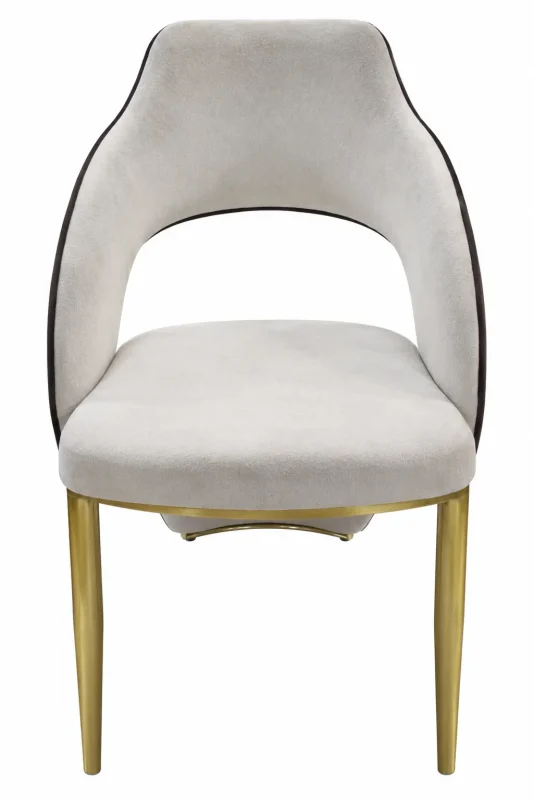 White upholstered dining chair with a curved backrest, cushioned seat, and elegant gold-finish metal legs.