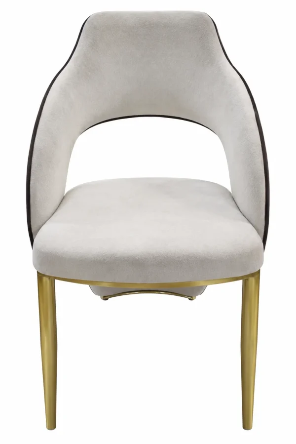 White upholstered dining chair with a curved backrest, cushioned seat, and elegant gold-finish metal legs.