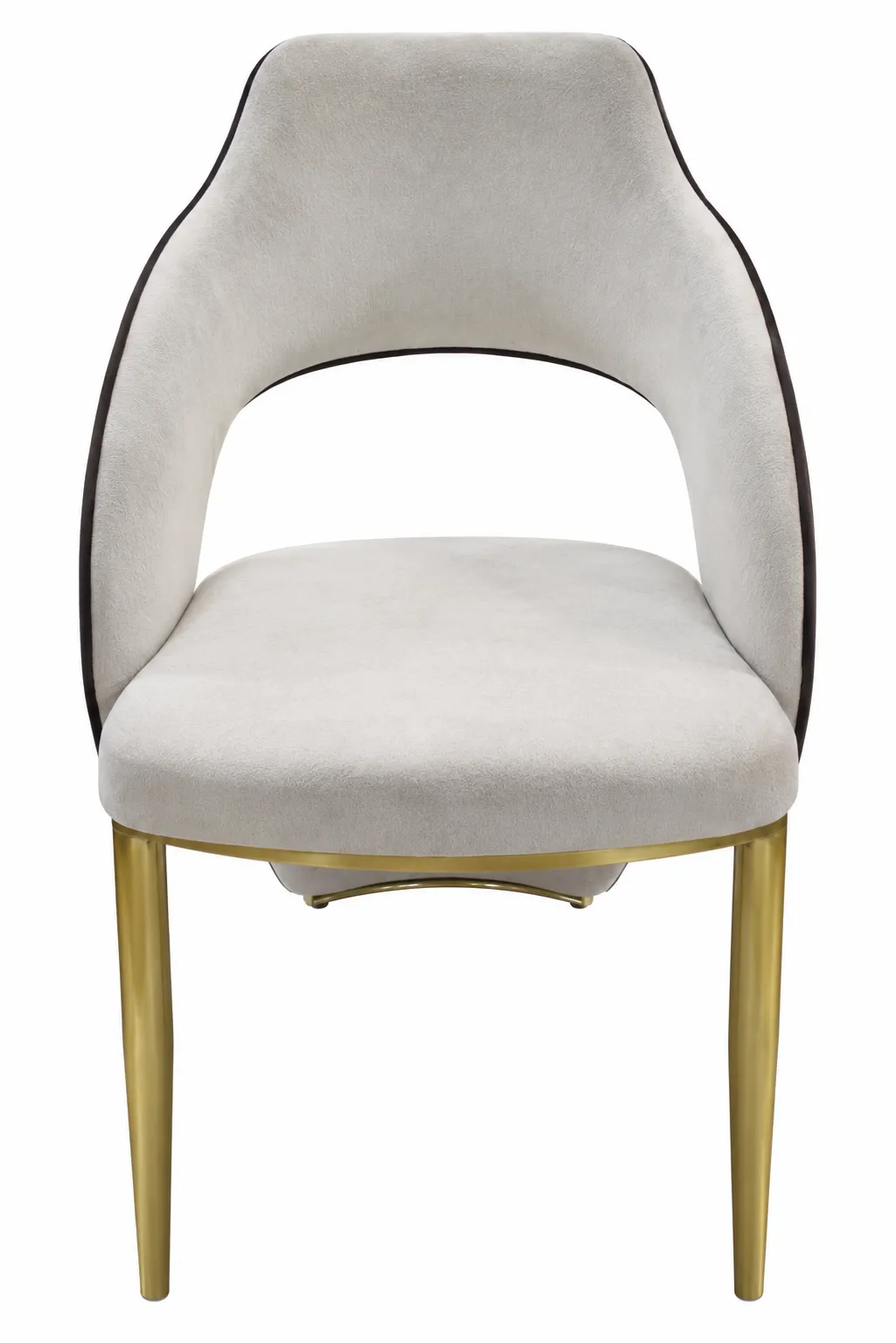 White Upholstered Dining Chair with Gold Legs | Modern Luxury White upholstered dining chair with a curved backrest, cushioned seat, and elegant gold-finish metal legs.