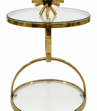 Luxury round glass coffee table with a transparent circular top and sculptural gold-finish metal base for modern living room décor.