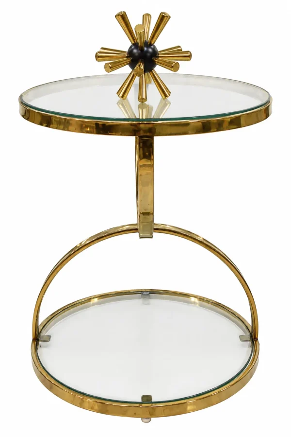 Luxury round glass coffee table with a transparent circular top and sculptural gold-finish metal base for modern living room décor.