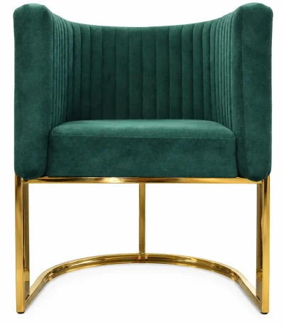 Teal upholstered velvet accent chair with a curved channel-tufted backrest, cushioned seat, and gold-tone metal frame.