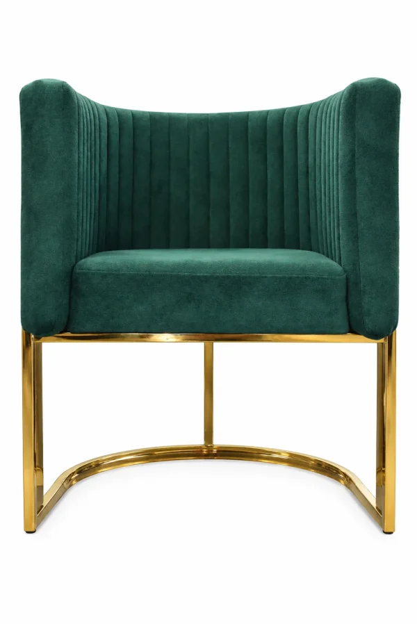 Teal upholstered velvet accent chair with a curved channel-tufted backrest, cushioned seat, and gold-tone metal frame.