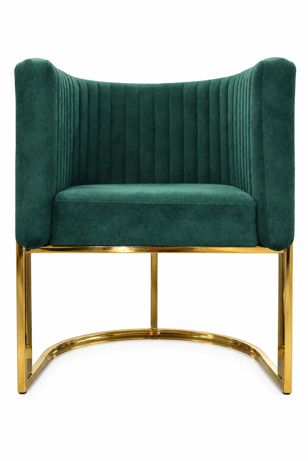 Teal upholstered velvet accent chair with a curved channel-tufted backrest, cushioned seat, and gold-tone metal frame. Teal upholstered velvet accent chair with a curved channel-tufted backrest, cushioned seat, and gold-tone metal frame.