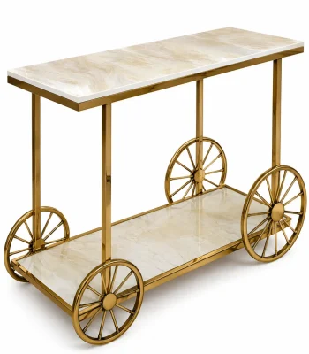Gold metal serving trolley with a light marble-look top, lower shelf, and decorative gold spoked wheels.