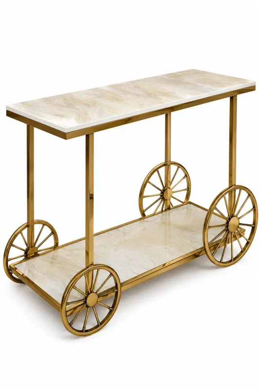 Gold metal serving trolley with a light marble-look top, lower shelf, and decorative gold spoked wheels.