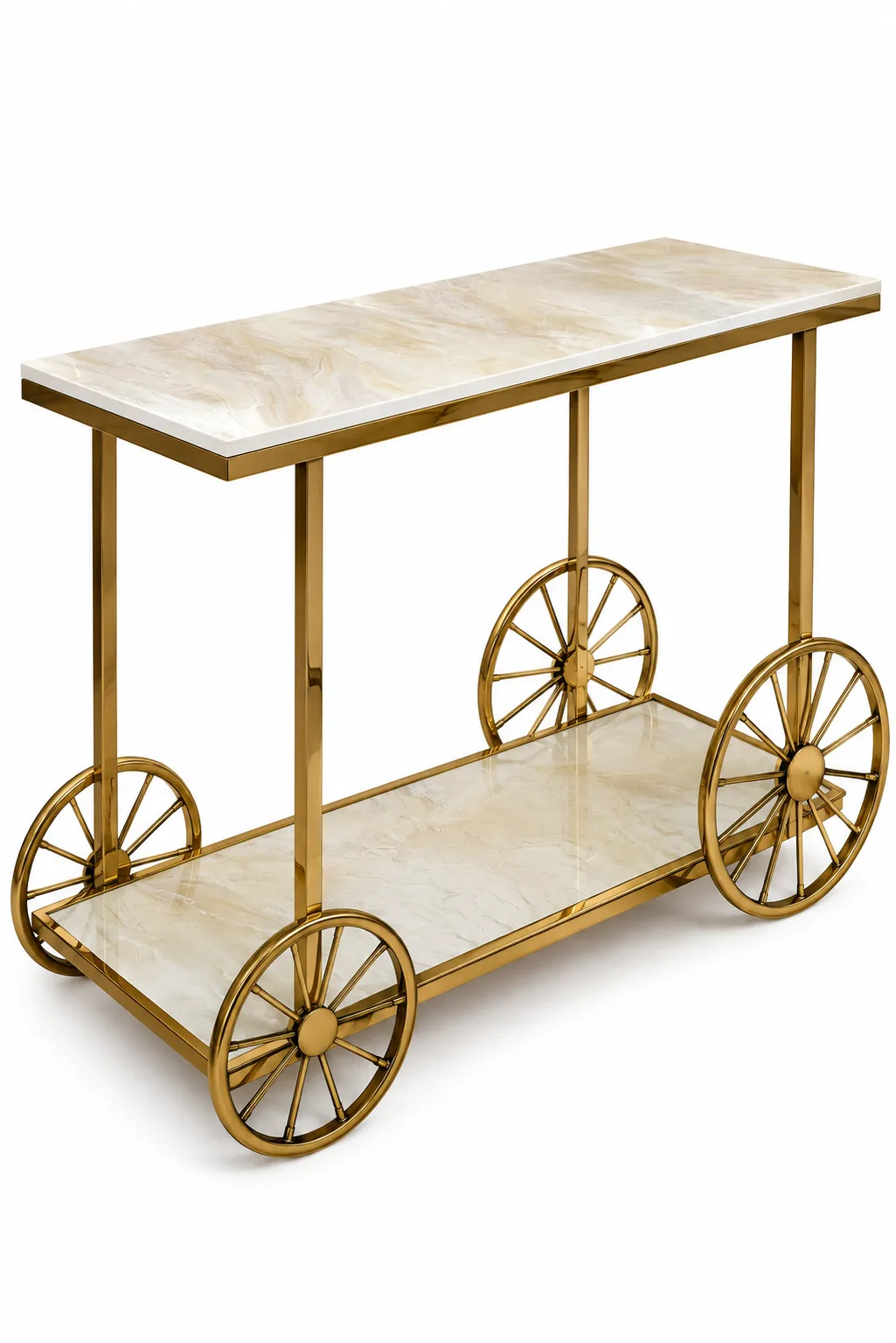Gold Marble-Top Serving Trolley | Luxury Bar Cart Gold metal serving trolley with a light marble-look top, lower shelf, and decorative gold spoked wheels.