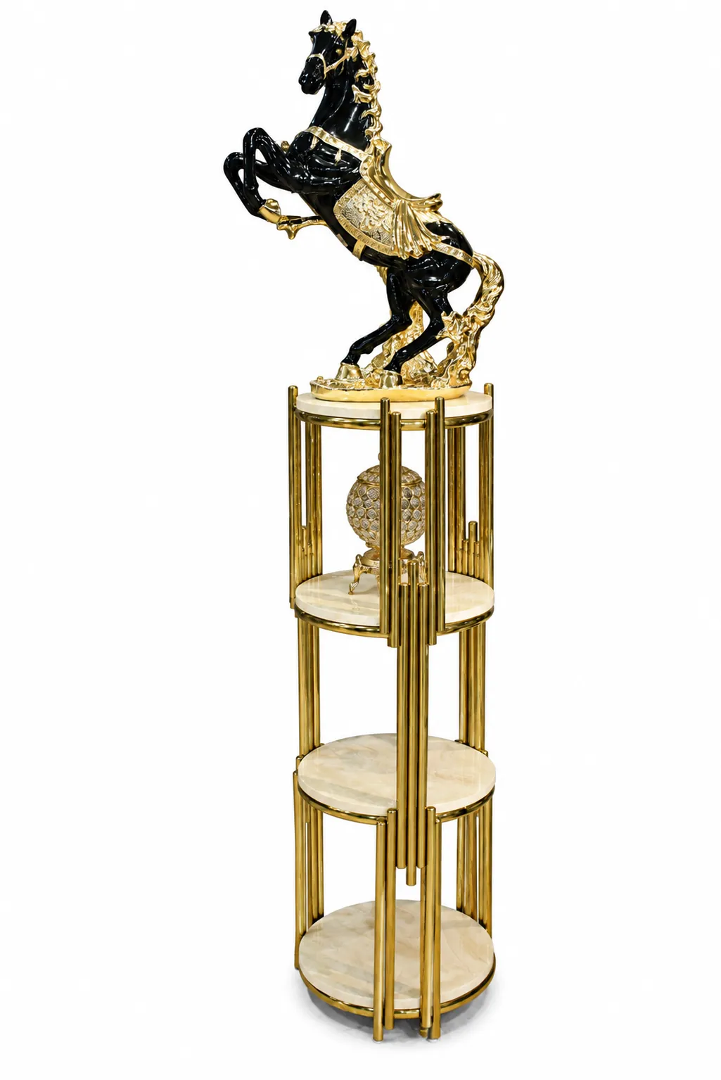 Black & Gold Horse Sculpture | Luxury Home Décor Stand Black and gold rearing horse sculpture with intricate gold detailing on a multi-tier round display stand with gold-tone supports.